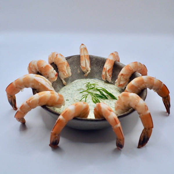 cooked prawns in a bowl with mayo