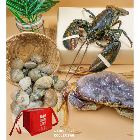 gls live dungeness crab live manila clams and live boston lobster with a red bag